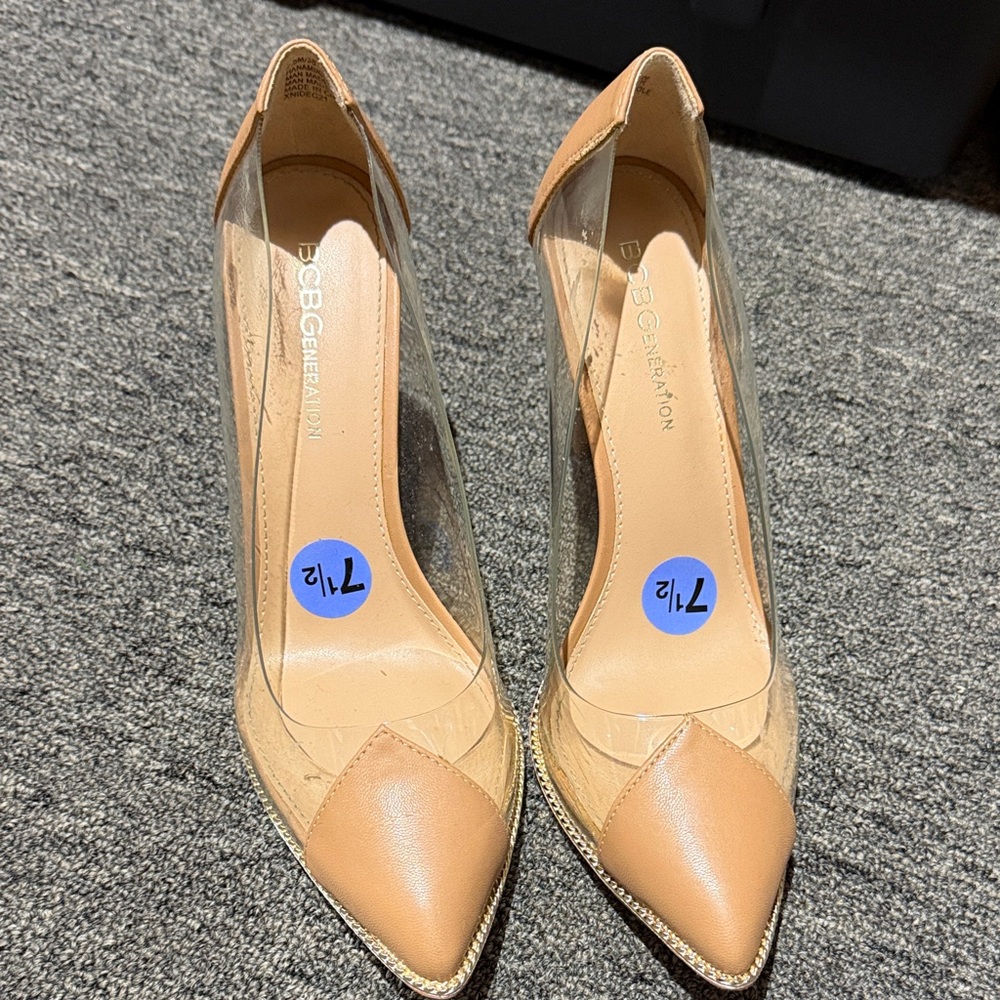 BCBGeneration Tan and Clear Heels